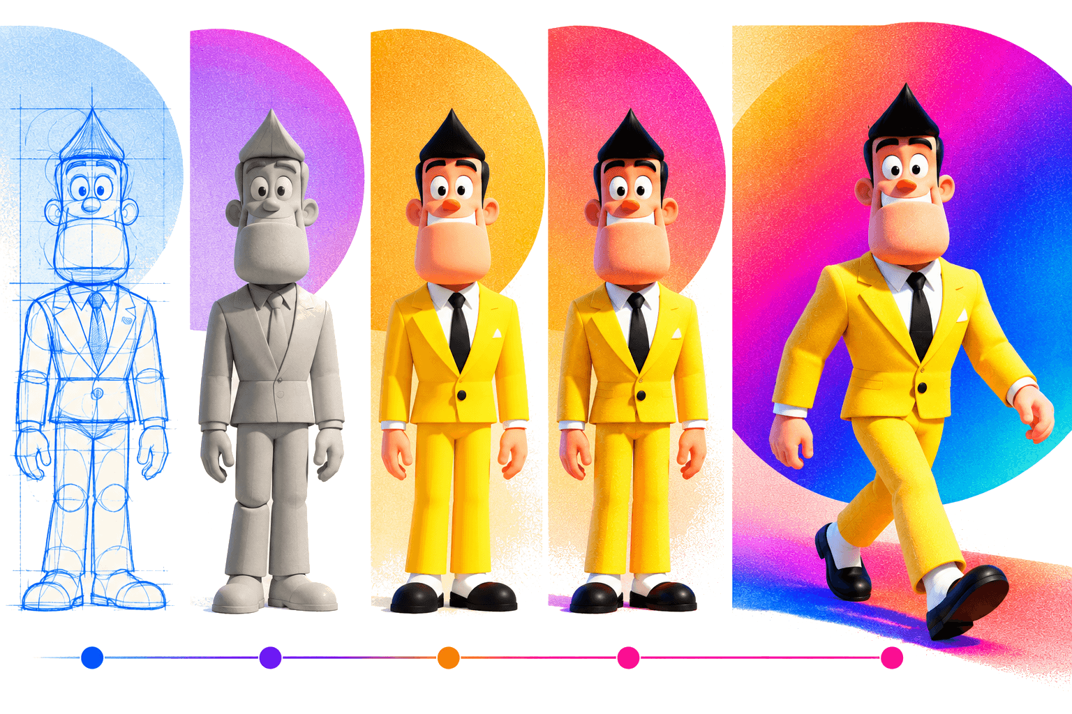 An on-camera persona being built from wireframe to fully styled character