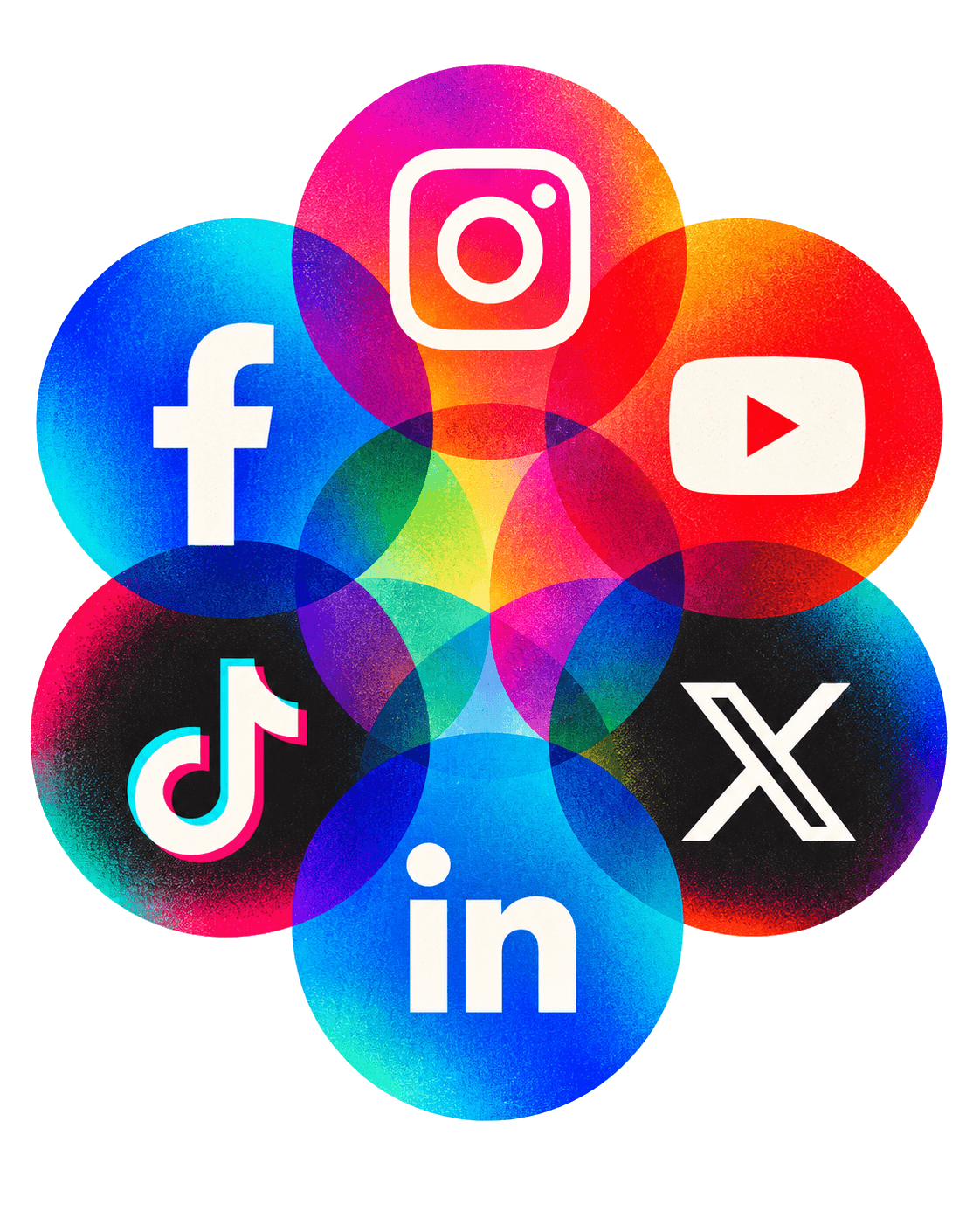 Social platform icons inside overlapping prismatic circles